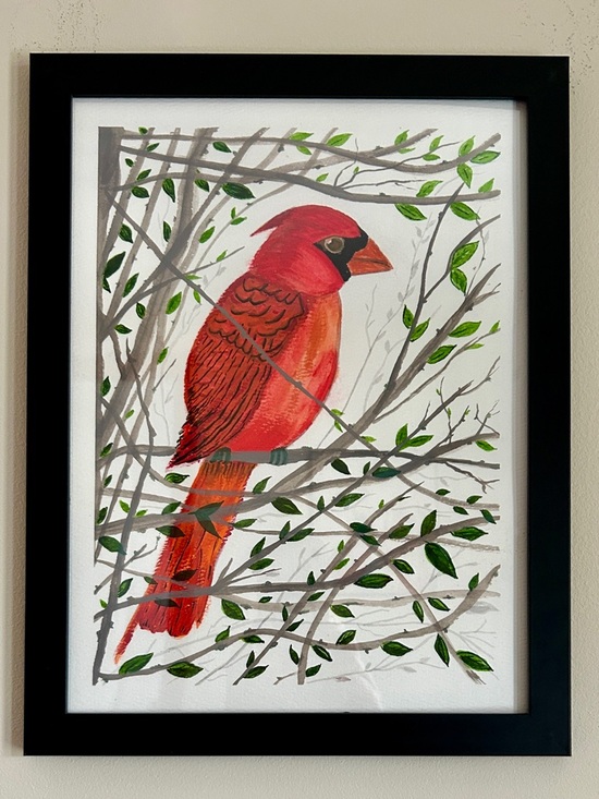 Original Art Other - Original Watercolor Red Cardinal Bird Framed Nature Art Rustic Wall Decor